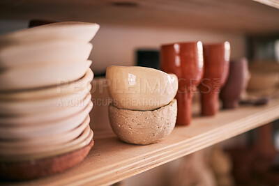 Buy stock photo Pottery background, ceramics and bowl on studio shelf, creative store and manufacturing startup. Closeup of clay market, collection and display in workshop, small business and products in craft shop