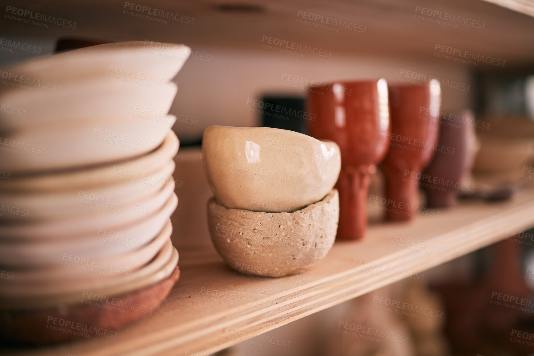 Buy stock photo Pottery background, ceramics and bowl on studio shelf, creative store and manufacturing startup. Closeup of clay market, collection and display in workshop, small business and products in craft shop