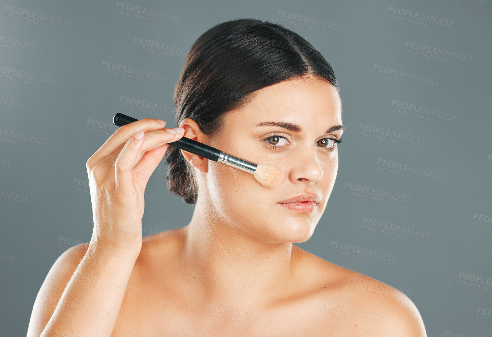 Buy stock photo Woman, facial beauty and makeup brush portrait for wellness, cosmetics dermatology and skincare in studio. Model, application and cosmetology lifestyle or luxury product tools for self care glow 