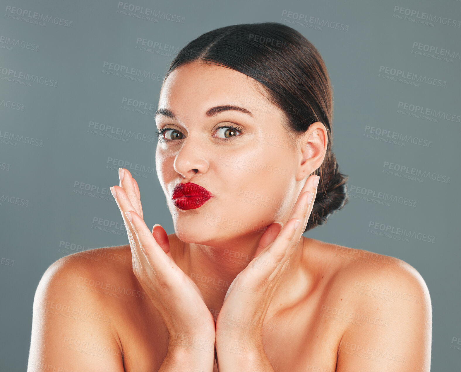 Buy stock photo Woman lips with lipstick, kiss face and makeup with red cosmetics and playful pout isolated on studio background. Portrait, beauty and skincare with cosmetic care, wellness and glow, facial and fun