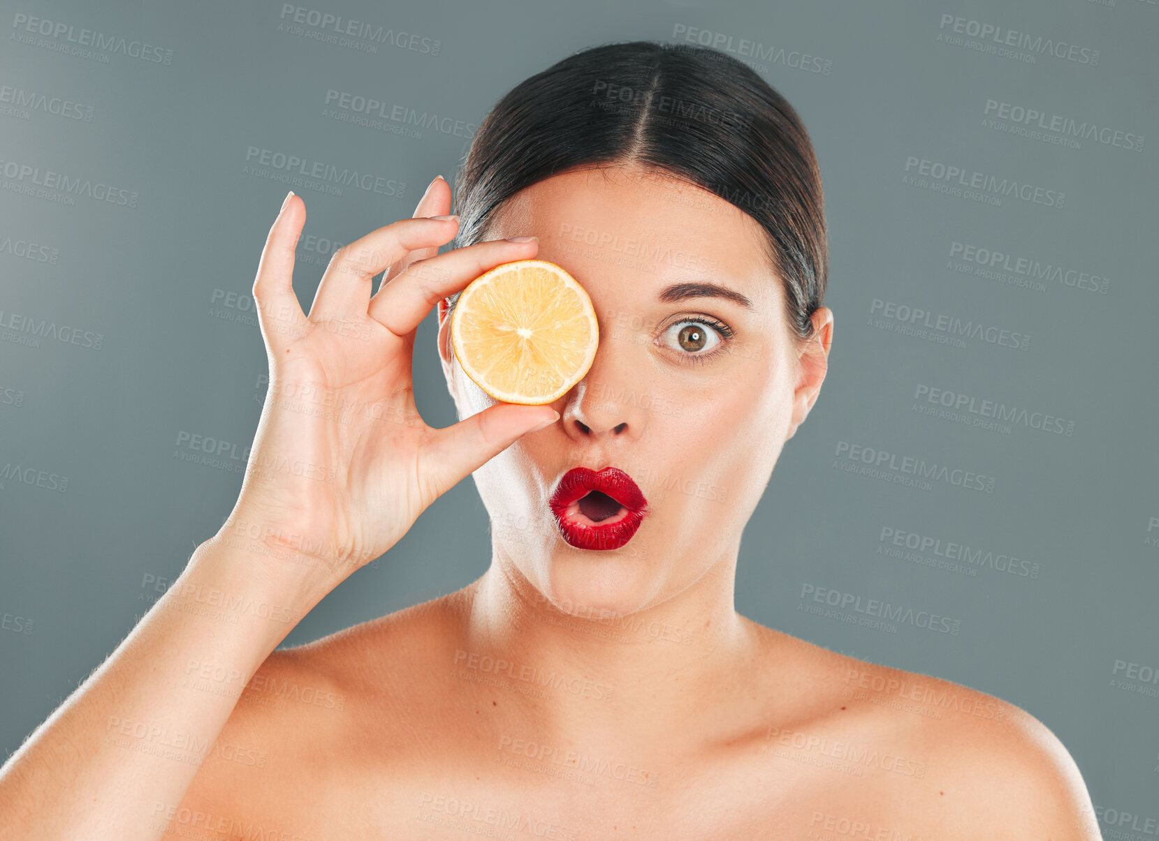 Buy stock photo Orange, skincare, woman or wow for wellness health diet, happy results or vitamin C on grey background. Beauty portrait, spa or girl model face, facial makeup or cosmetics for aesthetic in studio