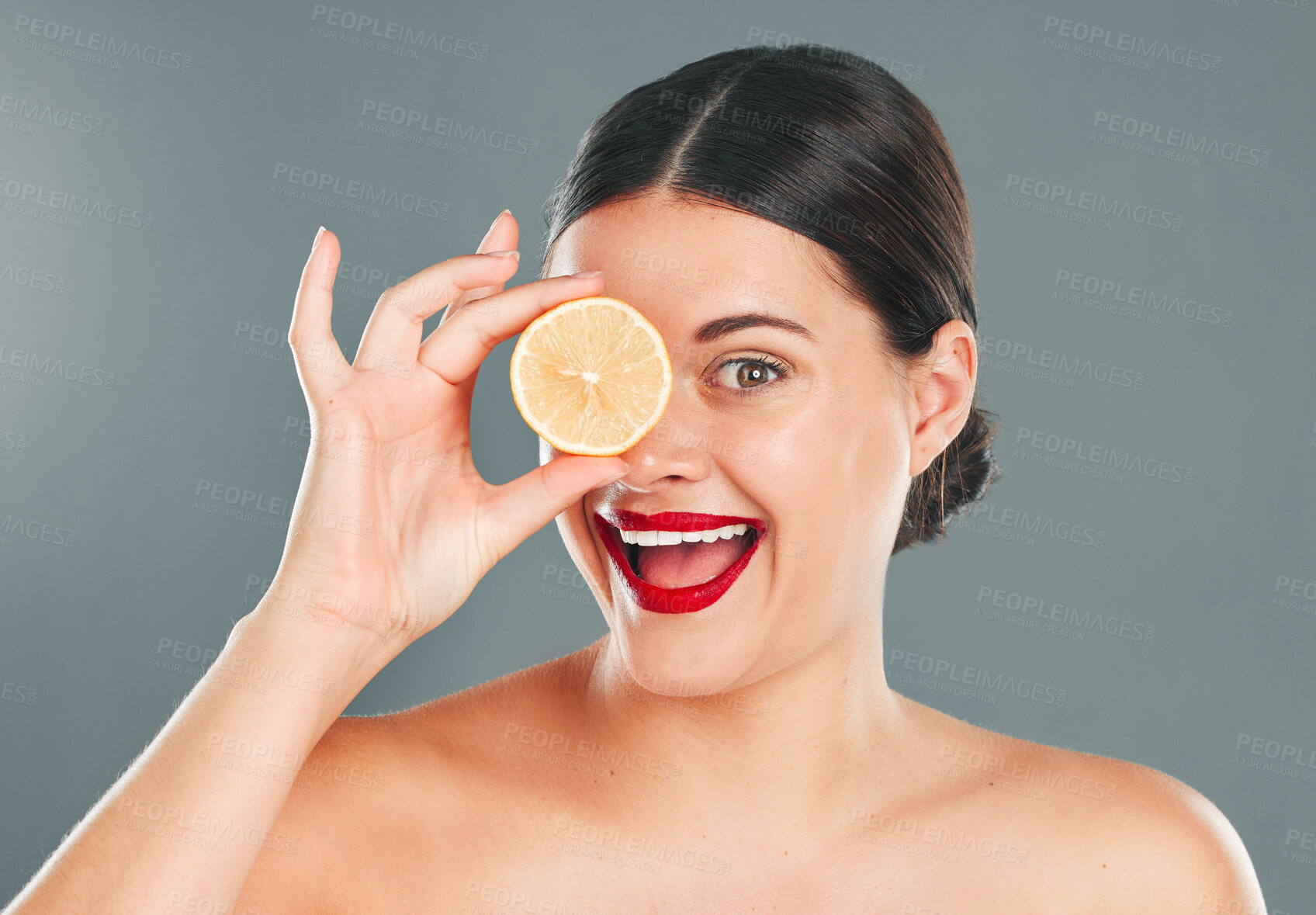 Buy stock photo Orange, skincare, woman or aesthetic wellness for healthy diet, happy results or clean glowing on grey background. Beauty portrait, smile or girl model face, facial makeup or cosmetics for health 