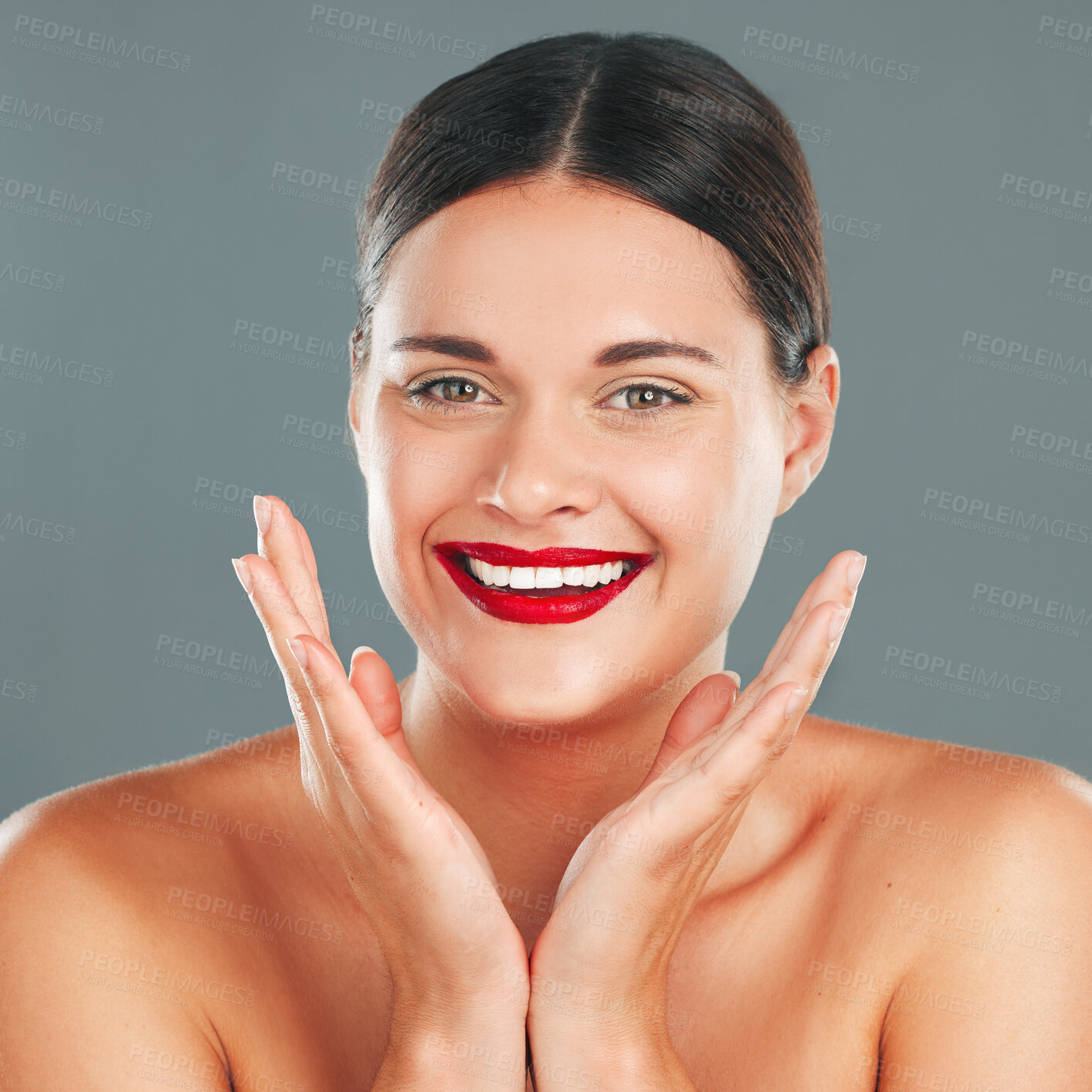 Buy stock photo Woman lips with lipstick, face with smile, makeup with red cosmetics and beauty isolated on studio background. Portrait, happy and skincare with cosmetic care, wellness and facial with healthy skin