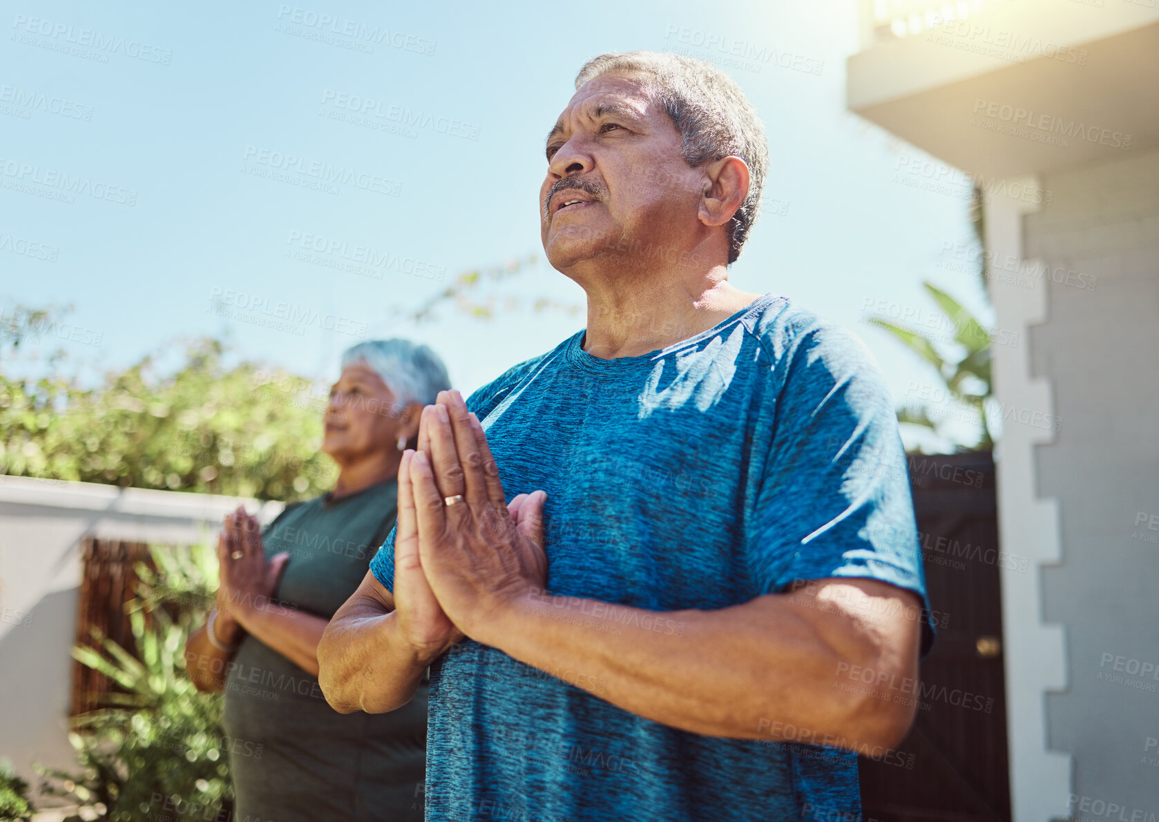 Buy stock photo Fitness, yoga and senior couple exercise for wellness, zen and relax in a garden, peace and calm. Health, workout and elderly man with woman in a yard for training, meditation and cardio in Mexico