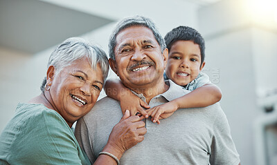 Buy stock photo Grandpa, grandma and child hug with smile for happy holiday or weekend break with grandparents at the house. Portrait of elderly people holding grandchild on back for fun playful summer together