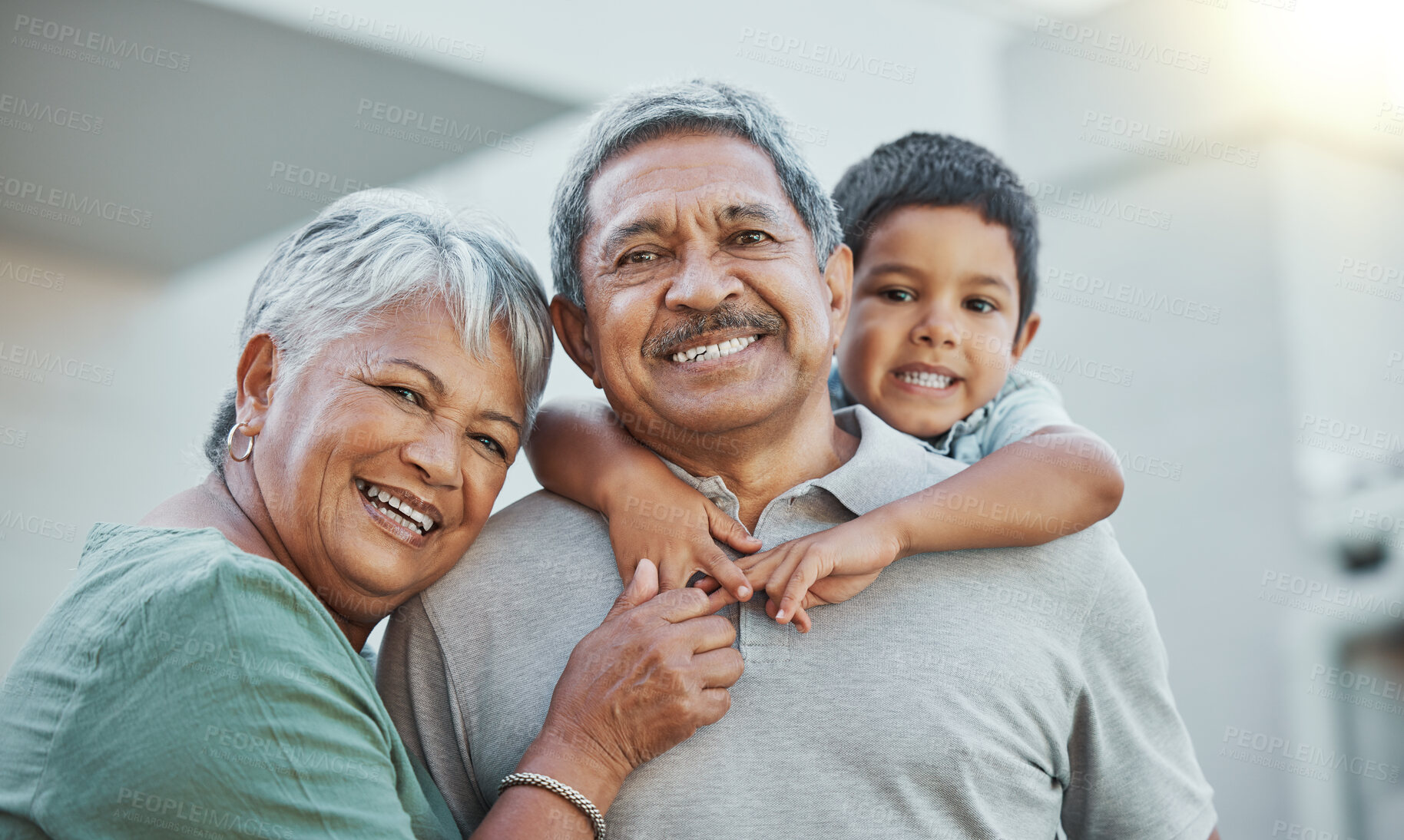 Buy stock photo Grandpa, grandma and child hug with smile for happy holiday or weekend break with grandparents at the house. Portrait of elderly people holding grandchild on back for fun playful summer together