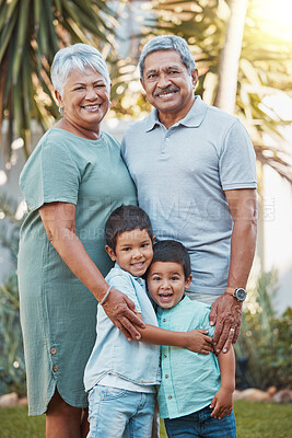 Buy stock photo Senior family, children and garden portrait with outdoor wellness, love and hug for summer, holiday and retirement. Grandparents or old people with kids in Mexico with smile on face in nature or park