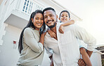 Mother, father and child with smile for piggyback, bonding or family time outside the house. Portrait of happy mom, dad and son on back smiling in happiness for holiday break or weekend together