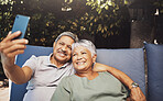 Relax, smile and senior couple with a selfie on an outdoor couch during retirement holiday in Spain. Happy, communication and elderly man and woman with a photo for a memory, streaming and social app