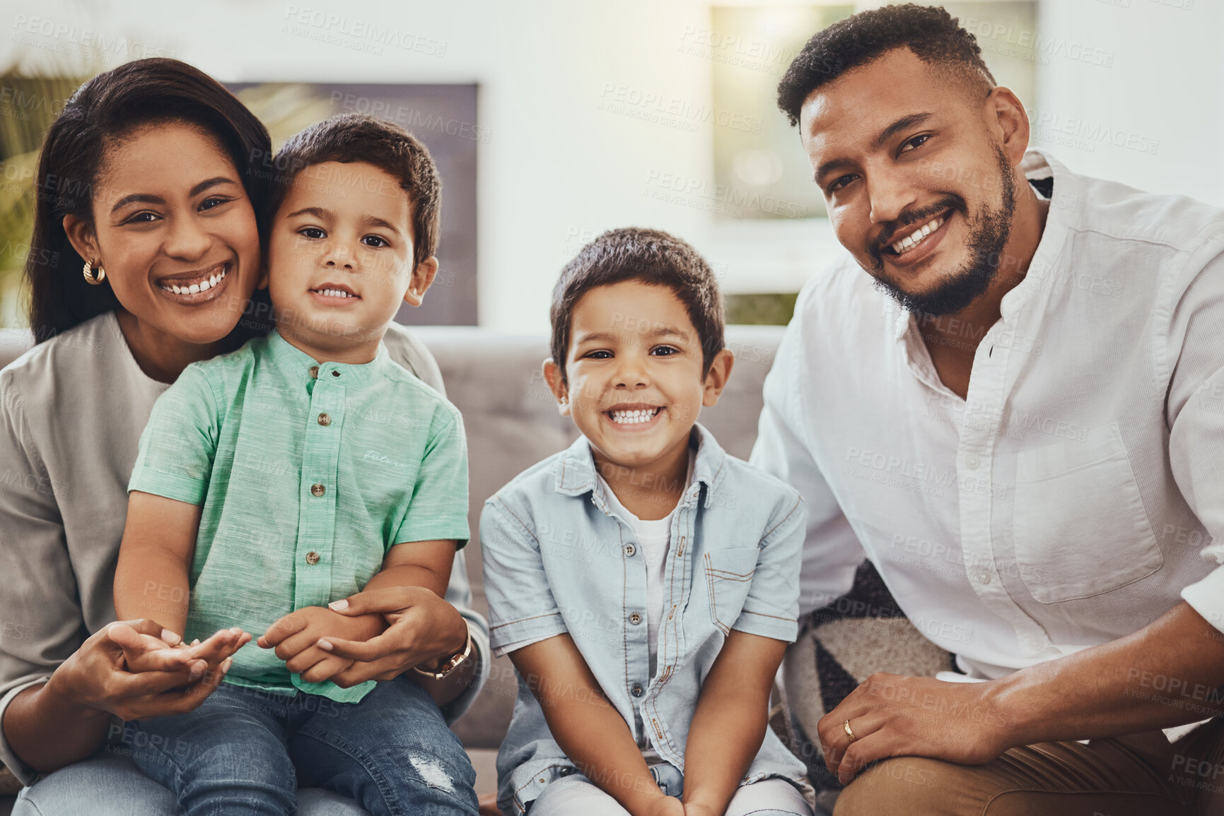 Buy stock photo Father, mother and children with smile for family portrait, holiday break or weekend relaxing on living room sofa at home. Happy dad, mom and kids smiling for fun bonding time or relationship indoors