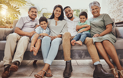 Buy stock photo Family, generations and grandparents with parents and children in portrait at home, love and relationship. Happiness, relax outdoor with support, bond and trust, care and happy people with smile