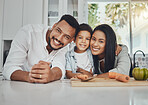 Kitchen, portrait and parents with their boy child to cook dinner, supper or lunch together. Love, smile and happy family from Brazil preparing healthy food or meal with vegetables in their house.