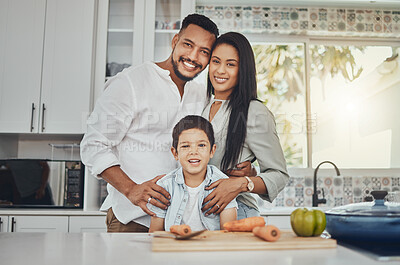 Buy stock photo Kitchen, family and portrait of mother, father and young child together cooking with happiness. Happy, smile and parent love of children in a house making food for dinner ready for eating at home