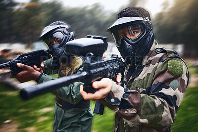 Buy stock photo Training, paintball gun and men in camouflage with safety gear at military game for target practice. Teamwork, shooting sports and war games, play with rifle and friends working together at army park