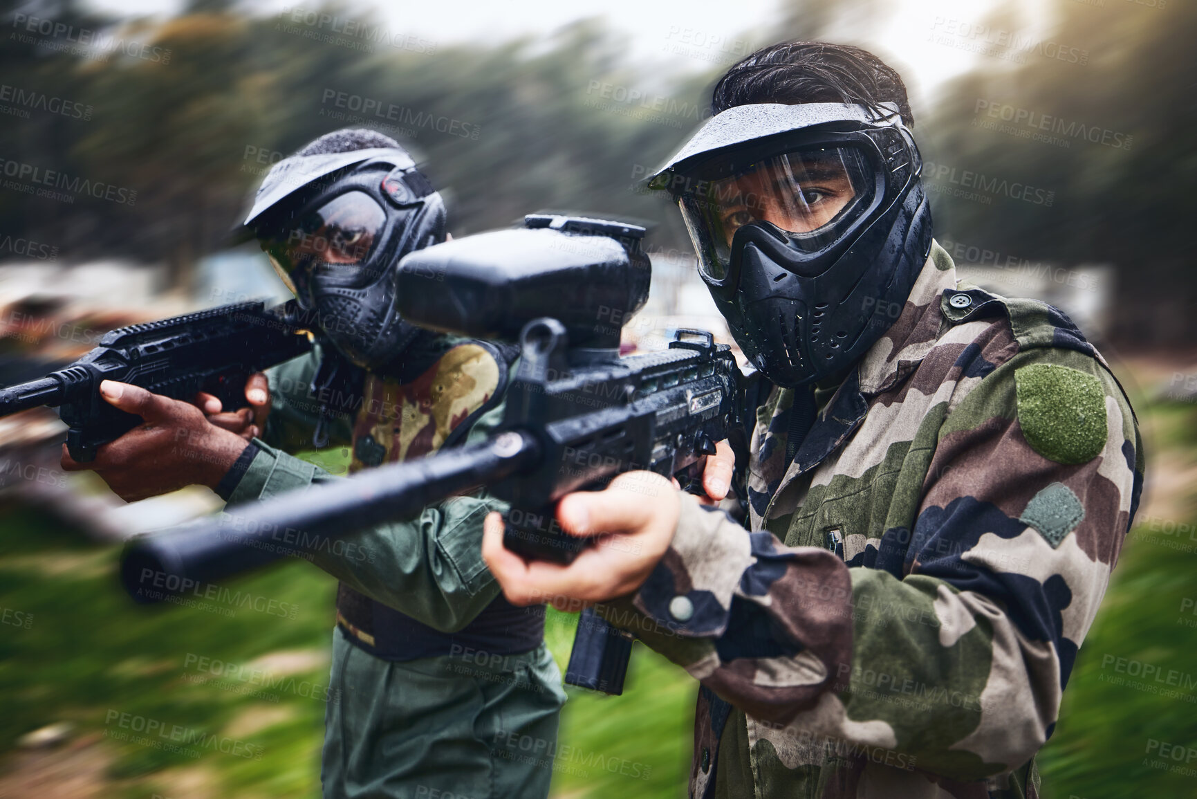 Buy stock photo Training, paintball gun and men in camouflage with safety gear at military game for target practice. Teamwork, shooting sports and war games, play with rifle and friends working together at army park
