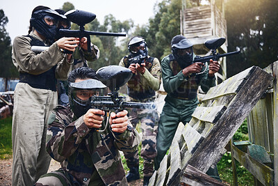 Buy stock photo Paintball, military team and shooting training of friends and soldier group with gun. Target exercise, sport game and weapon sports of army men in camouflage together for outdoor games in uniform