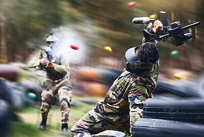 Buy stock photo Paintball, sport and action with gun for shooting, speed and military battlefield with soldier, war and fitness outdoor. People together in camouflage, mask with weapon and game, power and lifestyle