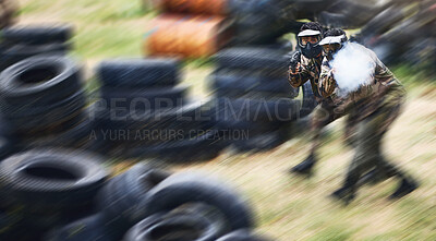 Buy stock photo Blurry, moving and team playing paintball with action, military clothes and running during a game in Australia. War, sport and friends with blurred motion during fun, playful and outdoor competition