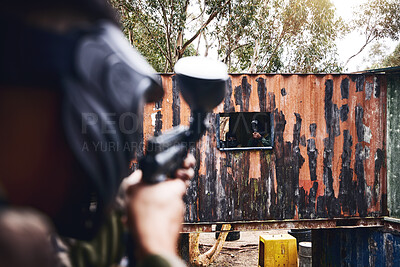 Buy stock photo Paintball game, paint gun and men in war, competition or sports challenge outdoor for target shooting. Military, soldier or army men doing teawork training mission in woods with people or friends