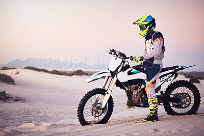 Buy stock photo Moto cross, sand landscape or man on bike stop for sport workout, sunset ride or exercise on hill. Nature, sky or male on motorcycle freedom adventure in Dubai desert for training, fitness or race