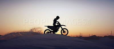 Buy stock photo Motorcycle, sport and silhouette of man on bike at night, sky and background in nature. Fitness sports, exercise biking or motorbike person driving on dirt sand, hill mountain or desert for health
