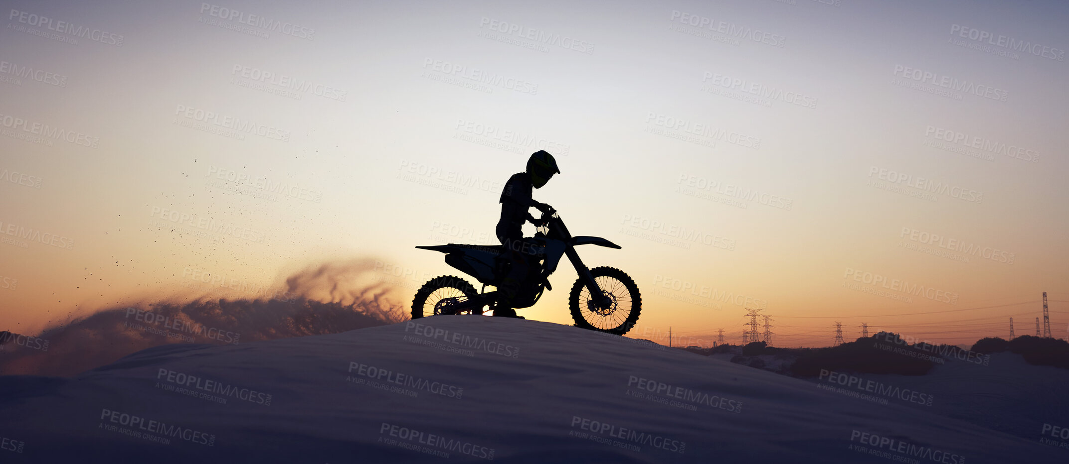 Buy stock photo Motorcycle, sport and silhouette of man on bike at night, sky and background in nature. Fitness sports, exercise biking or motorbike person driving on dirt sand, hill mountain or desert for health