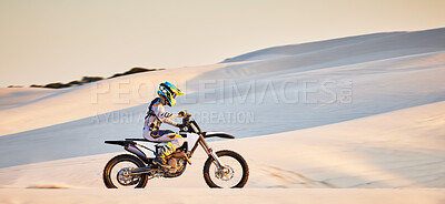 Buy stock photo Moto cross, sand mountain or man on bike in Dubai for sport workout, sunset ride or exercise on hill. Nature, sky or person riding for speed adventure freedom in desert for training, fitness or race
