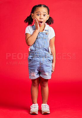 Buy stock photo Surprise, wow face and portrait of girl on red background for with omg, comic and shock facial expression. Kids fashion, mockup and cute girl in studio for promotion, sale and discount announcement