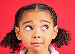 Child, face and worried eyes in thinking, curious and anxiety expression on isolated red background. Zoom, headshot and kid with wondering look on studio backdrop or little girl with ideas and vision