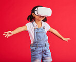 Gaming, virtual reality and metaverse with girl and glasses for digital transformation, video games and innovation. Happy, wow and augmented reality with child and vr headset for wow, future and 3d