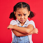 Child, arms crossed or sad portrait on isolated red background for depression, mental health or crying face. Upset, unhappy or little girl with sulking, grumpy or facial expression in bullying crisis