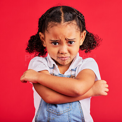 Buy stock photo Child, arms crossed or sad portrait on isolated red background for depression, mental health or crying face. Upset, unhappy or little girl with sulking, grumpy or facial expression in bullying crisis