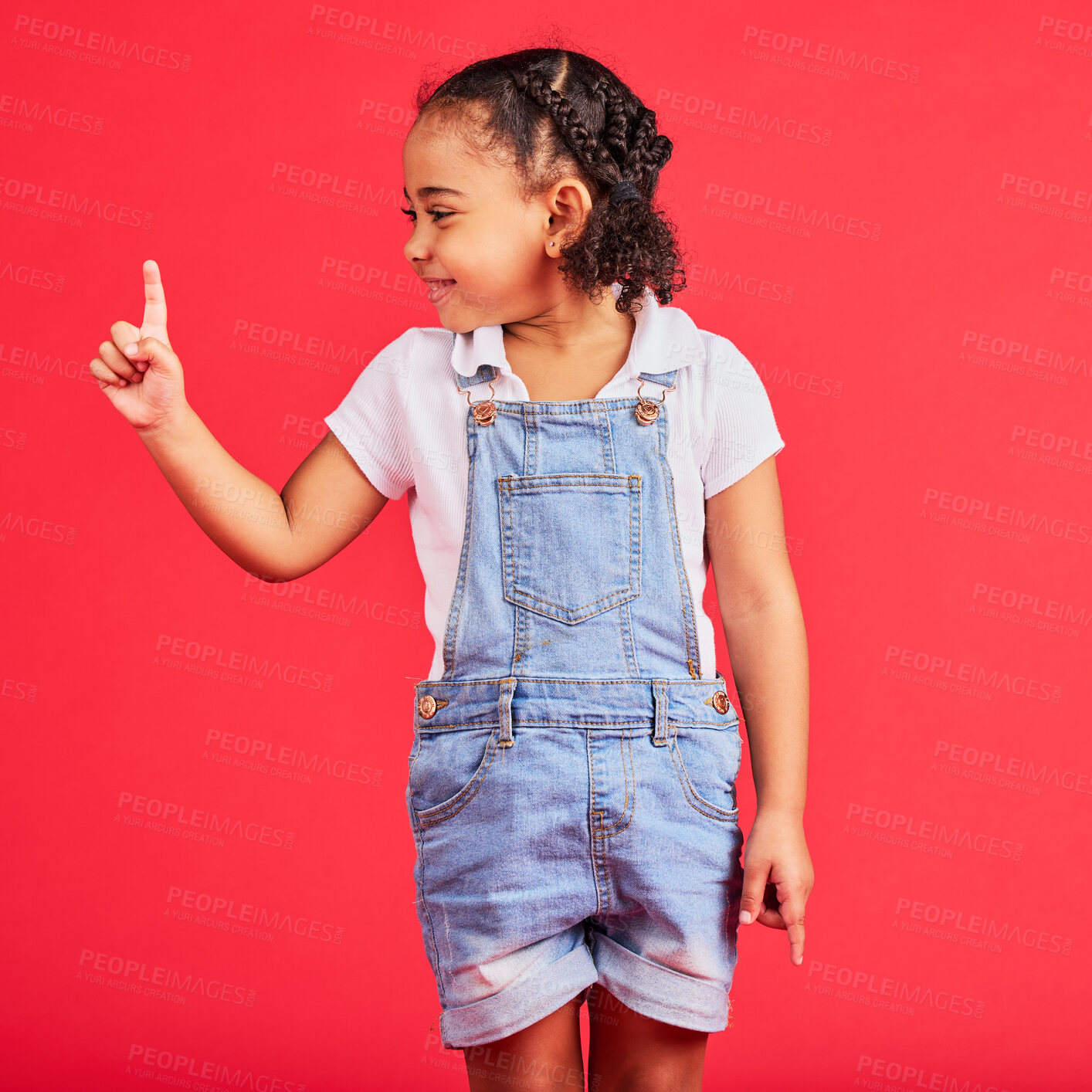 Buy stock photo Mockup, black girl and finger for space, product placement and kid on studio background. African American female child, young person and brand development for advertising, happiness and cheerful