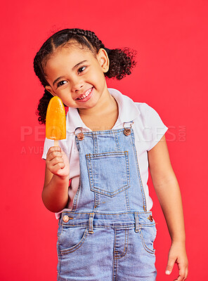 Buy stock photo Child, happy and ice cream on isolated red background with fashion, cool and trendy clothes for summer holiday, break or vacation. Smile, kid and girl with lolly, cold sweet and food for heat relief