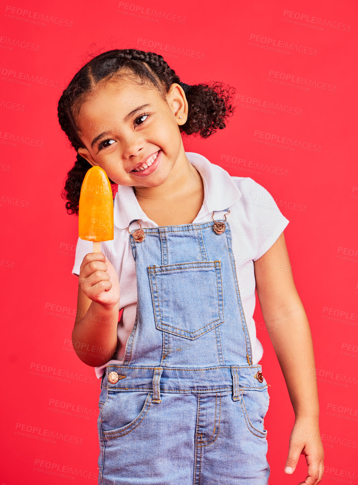 Buy stock photo Child, happy and ice cream on isolated red background with fashion, cool and trendy clothes for summer holiday, break or vacation. Smile, kid and girl with lolly, cold sweet and food for heat relief