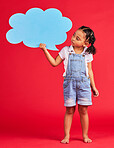 Child, talking or speech bubble for ideas, opinion or vote on isolated red background for social media, vision or news. Thinking, kid or girl with banner, paper or cardboard poster for speaker mockup