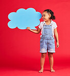 Kid, talking or speech bubble and ideas, opinion or vote on isolated red background in social media, child vision or news. Smile, happy or girl and banner, paper or cardboard poster in speaker mockup
