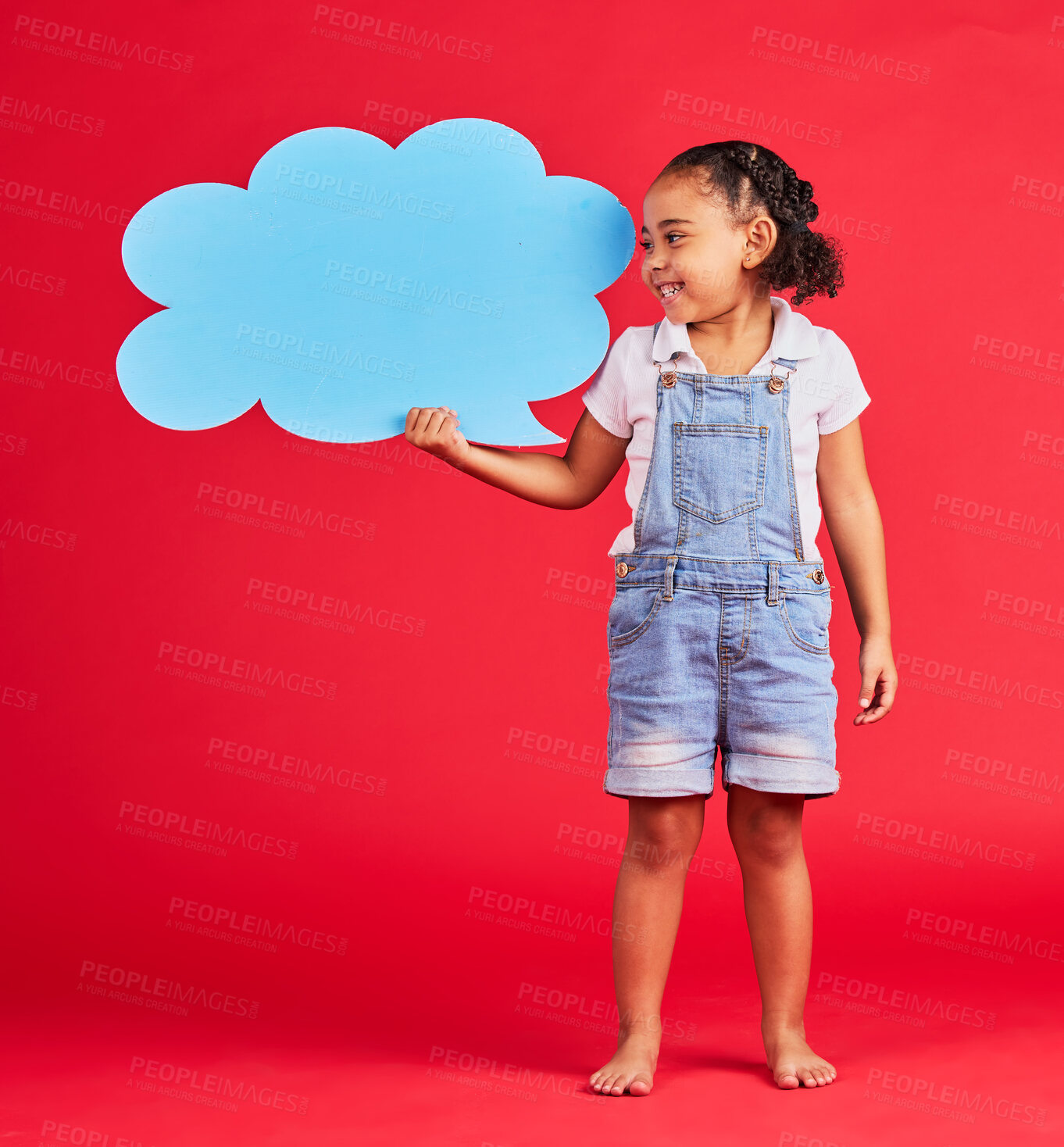 Buy stock photo Kid, talking or speech bubble and ideas, opinion or vote on isolated red background in social media, child vision or news. Smile, happy or girl and banner, paper or cardboard poster in speaker mockup