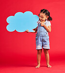 Kid, pointing or speech bubble in ideas, opinion or vote on isolated red background in social media, vision or news. Smile, happy or child showing banner, paper or cardboard poster in speaker mockup