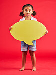 Shocked, child or portrait of speech bubble ideas, opinion or vote on isolated red background in social media or wow news. Surprised, girl or child and banner paper, mock up poster or mistake review