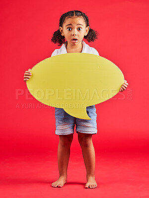Buy stock photo Shocked, child or portrait of speech bubble ideas, opinion or vote on isolated red background in social media news or wow face. Surprised, girl or kid on banner paper, mockup poster or omg review