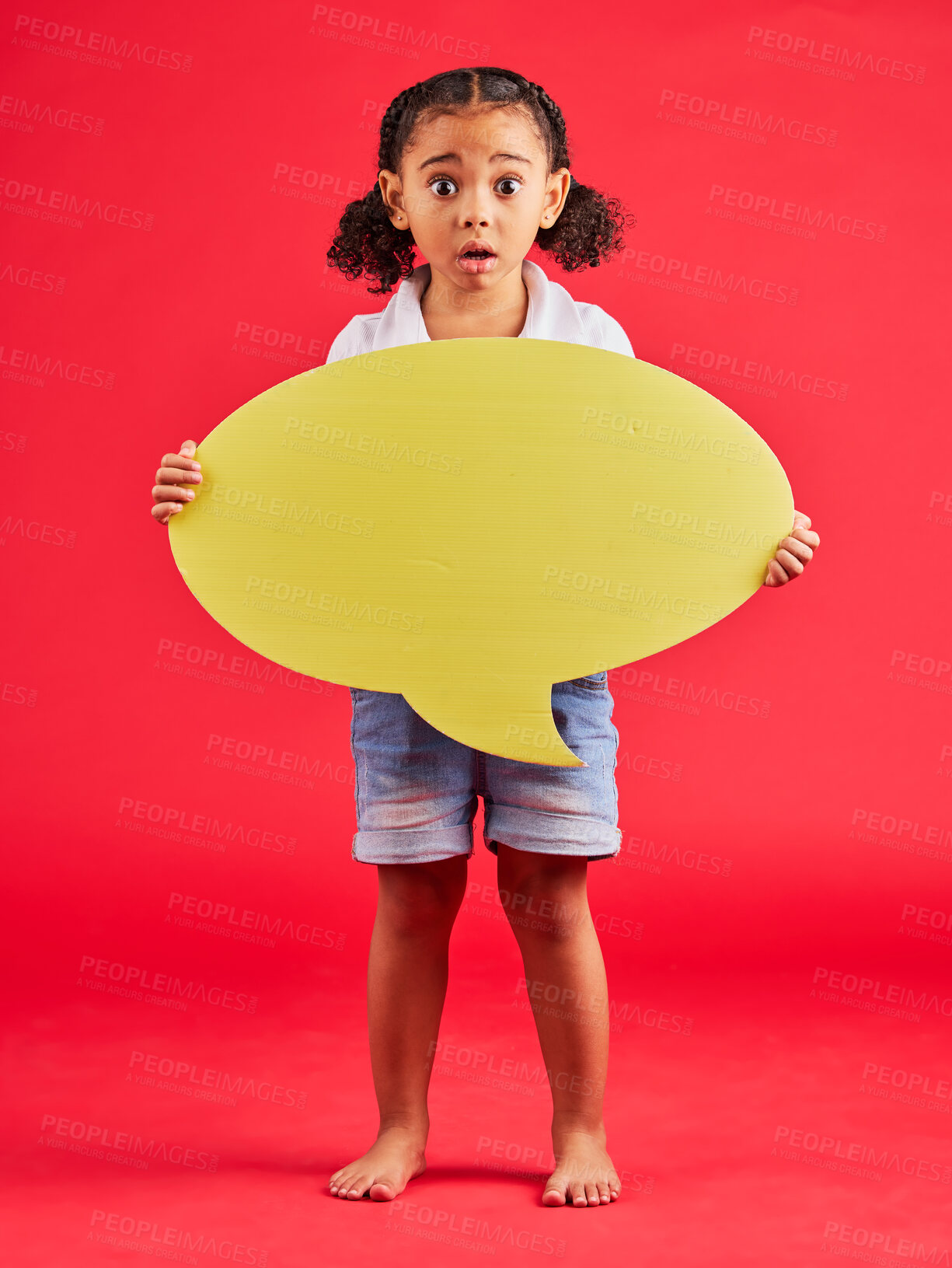 Buy stock photo Shocked, child or portrait of speech bubble ideas, opinion or vote on isolated red background in social media news or wow face. Surprised, girl or kid on banner paper, mockup poster or omg review