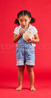 Buy stock photo Surprised child, portrait and piggy bank for money deposit, kids savings or future investment on isolated red background. Shocked, girl and wow kid with cash box for finance growth or budget planning