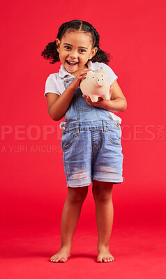 Buy stock photo Excited child, portrait and piggy bank in money planning, savings or future investment on isolated red background. Smile, happy and kid with cash box for finance growth, budget learning in studio