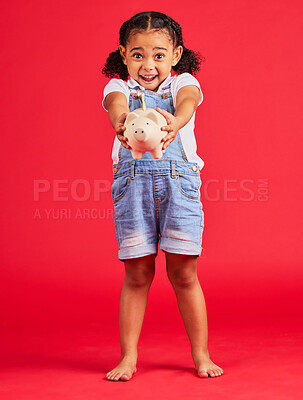 Buy stock photo Excited kid, portrait or piggy bank success in money planning, savings or future investment on isolated red background. Smile, happy child or cash box in finance growth, budget learning or investment