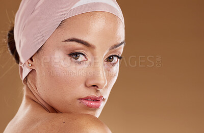 Buy stock photo Vitiligo, skin and woman face in portrait with skincare, natural cosmetics and beauty isolated on studio background. Body positivity, cosmetic mockup and self love, inclusivity and genetic disorder