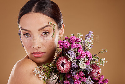 Buy stock photo Beauty, flower bouquet and portrait of relax woman with eco friendly cosmetics, natural facial product or lavender skincare. Wellness, spa salon or aesthetic model face with floral sustainable makeup