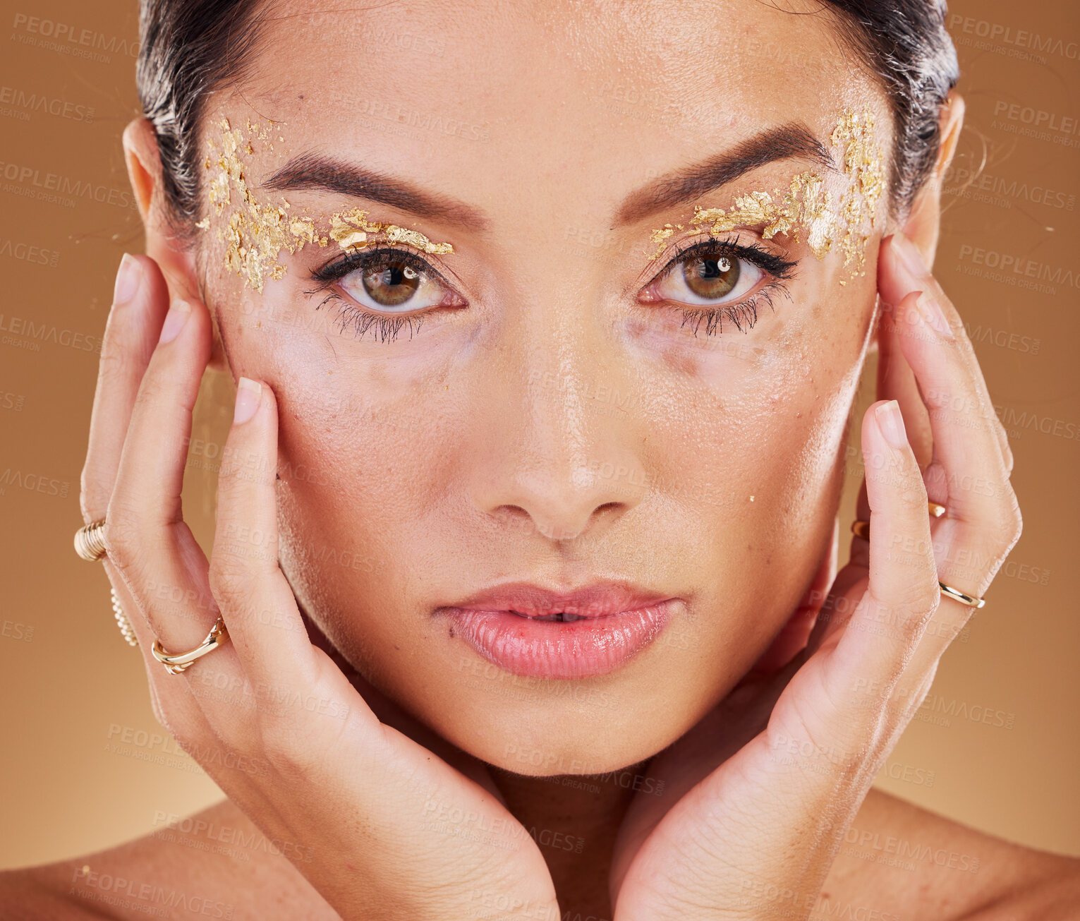 Buy stock photo Makeup, glitter and face portrait of woman with luxury gold eyeshadow, cosmetics product and facial skincare glow. Beauty, spa salon or aesthetic model girl with sparkle, shine or healthcare wellness