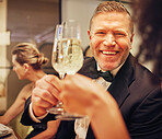 Champagne, cheers celebrate and party with man in suit, smile on face at formal luxury event. Success, bubbly wine and happy people celebration of achievement or birthday, toast with glass of bubbles