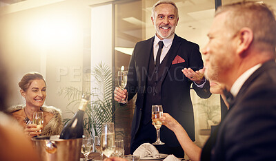 Buy stock photo Man, toast and night at restaurant party with friends, business executive team and happy for success. New years,  ceo celebration talk and people at gala with champagne, congratulations and thank you